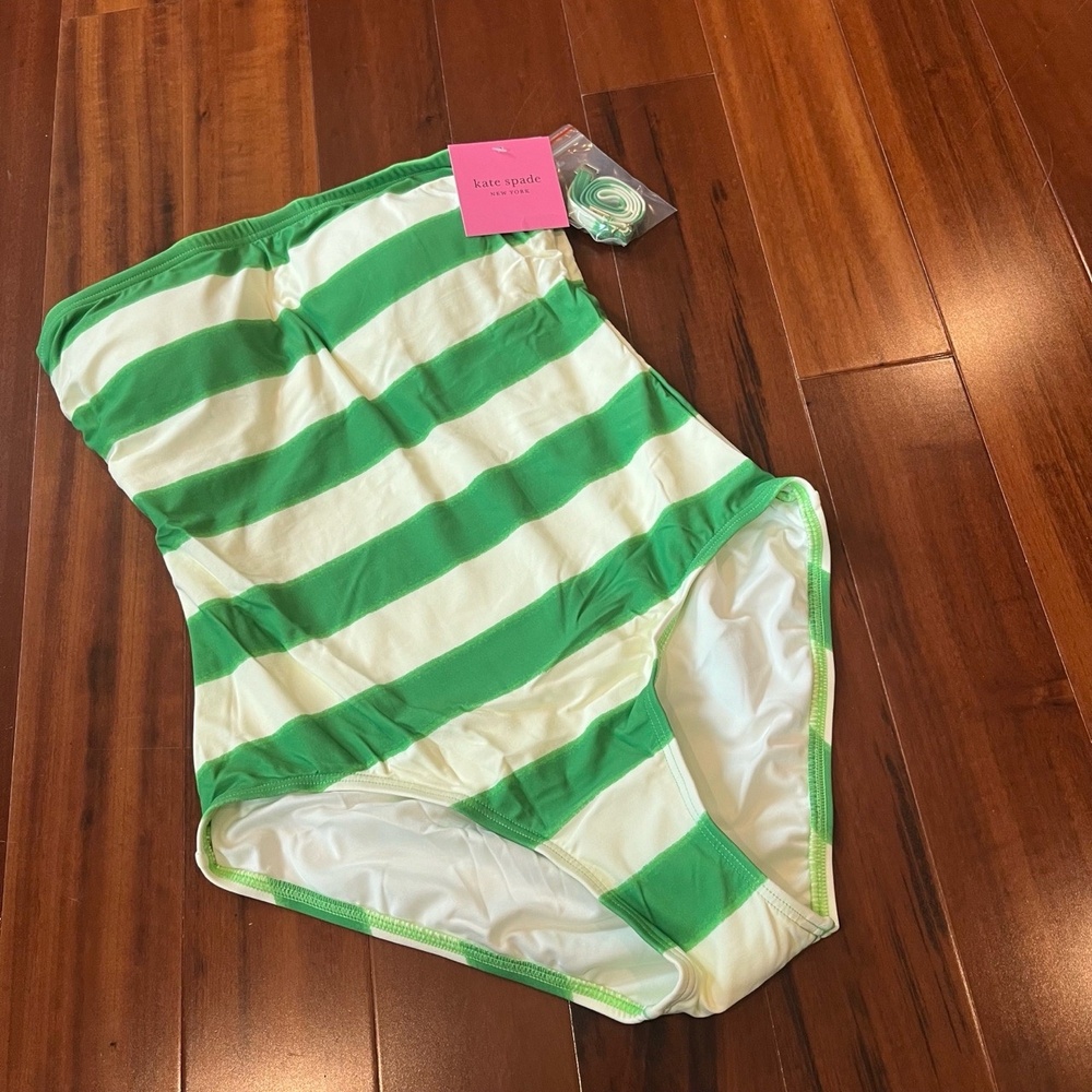 New NWT Kate Spade Swimsuit Pesto Green White Stripe One-Piece Straps Size Small